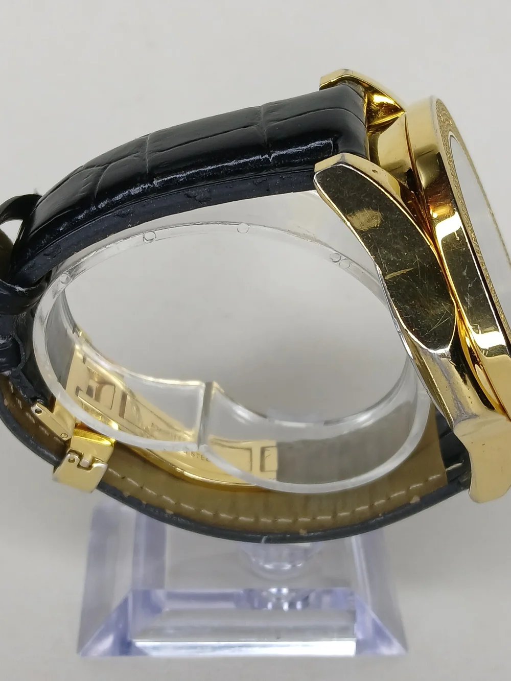 Techno Royale Mens Watch Gold Tone Case Genuine Diamond Bezel Black Leather...